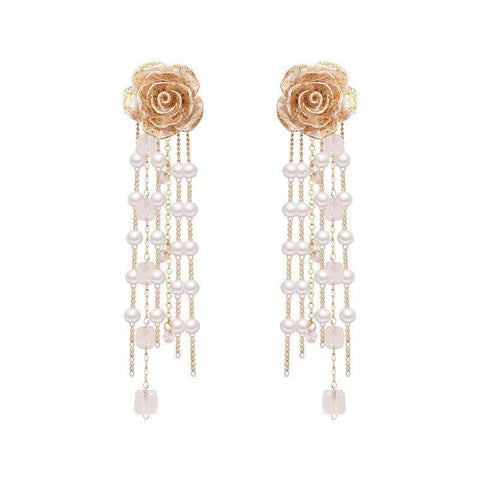 Golden Rose Flower Long Pearls Crystal Earrings, Traditional Gold Flowers Mother Of Pearl Dangling Earrings, Long Floral Ropes Gift For Her - Froppin
