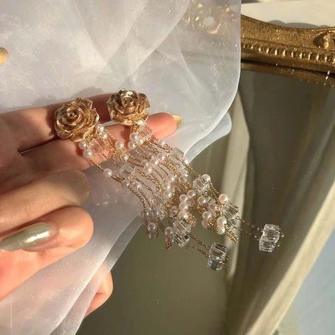 Golden Rose Flower Long Pearls Crystal Earrings, Traditional Gold Flowers Mother Of Pearl Dangling Earrings, Long Floral Ropes Gift For Her - Froppin