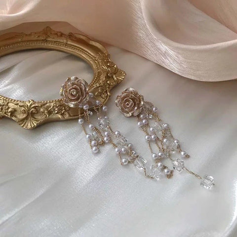 Golden Rose Flower Long Pearls Crystal Earrings, Traditional Gold Flowers Mother Of Pearl Dangling Earrings, Long Floral Ropes Gift For Her - Froppin