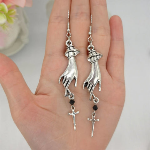 Hand Stabbing Dagger Earrings, Shining Sword Earrings, Small Knife Dagger In Hands Earrings, Gothic Stone Earrings Silver Minimalist Jewelry - Froppin