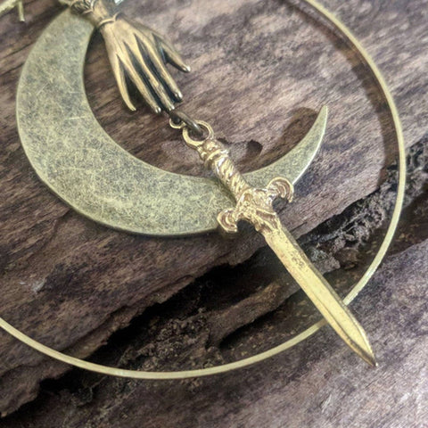 Hand Sword Crescent Earrings, Moon Power Knife Earrings, Gold Victorian Dagger Earrings, Femme Fatale Small War Dangerous Cute Blade Earring - Froppin