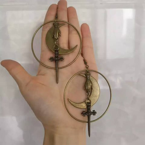 Hand Sword Crescent Earrings, Moon Power Knife Earrings, Gold Victorian Dagger Earrings, Femme Fatale Small War Dangerous Cute Blade Earring - Froppin