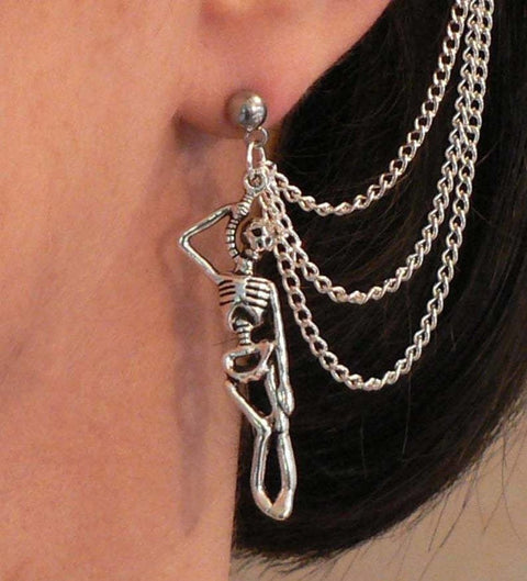 Hanged Chain Ear Cuff Earrings, Skull Chains Cuff Earrings, Skeleton Hug Cuff Stud Earrings, Piercing Imitation Earrings, Dead Bones Jewelry - Froppin