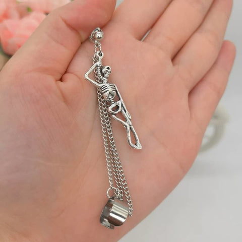 Hanged Chain Ear Cuff Earrings, Skull Chains Cuff Earrings, Skeleton Hug Cuff Stud Earrings, Piercing Imitation Earrings, Dead Bones Jewelry - Froppin