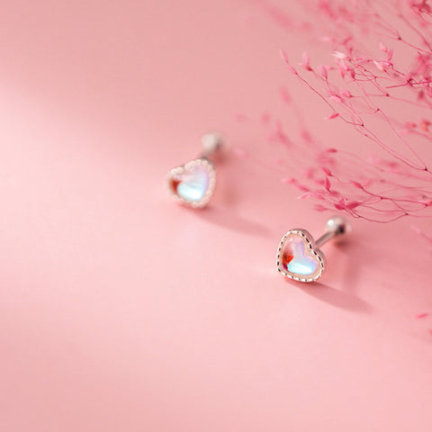 Heart Of Moonstone Crystal Earrings, Rainbow Moonstone Earrings Gift For Her Minimalist Stone Earrings, Cute Stud Earrings Cabochon Earrings - Froppin