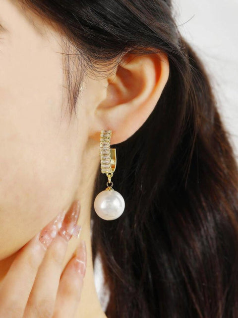 Hoop Pearl Earrings, Pave Earrings, Gold Hoops Earrings, Cz Hoops Earrings, Rhinestone Earrings, Minimalist Gemstone Jewelry Crystal Earring - Froppin