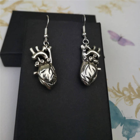 Human Heart Earrings, Anatomical Earrings, Silver Oxidized Earrings, Gothic Earrings, Scary Earrings, Femme Fatale Gift Idea Unusual Jewelry - Froppin