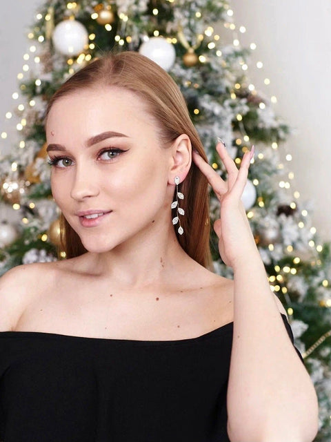 Inlaid Leaf Earrings, Crystal Zircon Stone Earrings, Iridescent Leaf Earrings, Long Tree Branch Plant Earrings, Gold Laurel Leaves Earrings - Froppin