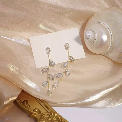 Inlaid Leaf Earrings, Crystal Zircon Stone Earrings, Iridescent Leaf Earrings, Long Tree Branch Plant Earrings, Gold Laurel Leaves Earrings - Froppin