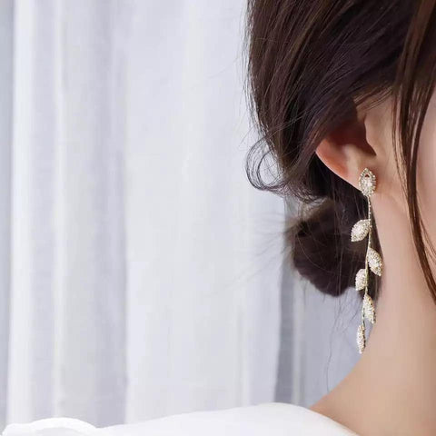Inlaid Leaf Earrings, Crystal Zircon Stone Earrings, Iridescent Leaf Earrings, Long Tree Branch Plant Earrings, Gold Laurel Leaves Earrings - Froppin