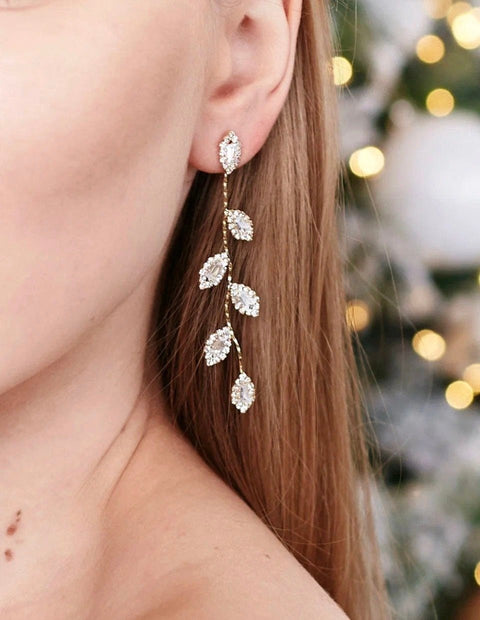 Inlaid Leaf Earrings, Crystal Zircon Stone Earrings, Iridescent Leaf Earrings, Long Tree Branch Plant Earrings, Gold Laurel Leaves Earrings - Froppin