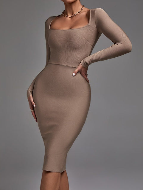 Khaki Long Sleeve Bodycon Dress Bandage Dress - Froppin