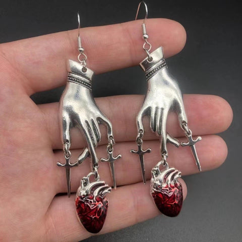 Knife Cut Heart Anatomical Earrings, Silver Heart Earrings, Gothic Earrings Dagger Earrings, Human Organ Blood Earrings Red Crystal Earrings - Froppin