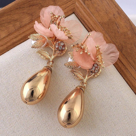 Large Magnolia Flower Earrings, Golden Vase Drop, Spring Flower Long Pink, Summer Floral Wedding Engagement Prom Gift For Her Dangle Earring - Froppin