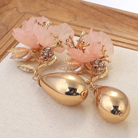Large Magnolia Flower Earrings, Golden Vase Drop, Spring Flower Long Pink, Summer Floral Wedding Engagement Prom Gift For Her Dangle Earring - Froppin
