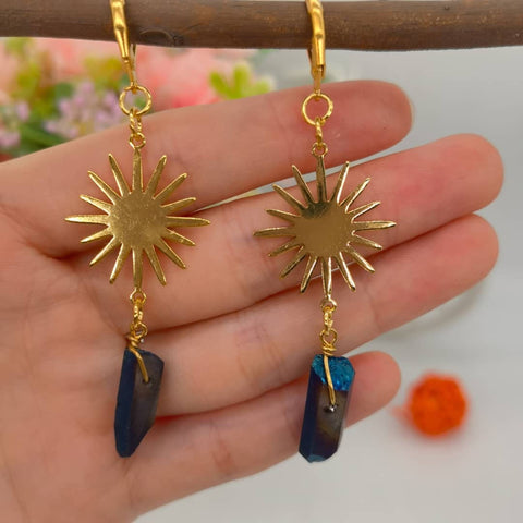 Lipstick Glow Earrings, Space Planets Stone Earrings, Crystal Earrings Alien Stone Jewelry, Pyramid Earrings, Gold Sun Solar System Earrings - Froppin