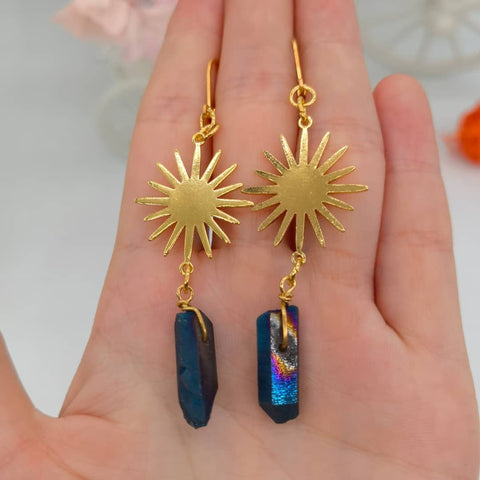 Lipstick Glow Earrings, Space Planets Stone Earrings, Crystal Earrings Alien Stone Jewelry, Pyramid Earrings, Gold Sun Solar System Earrings - Froppin