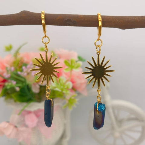 Lipstick Glow Earrings, Space Planets Stone Earrings, Crystal Earrings Alien Stone Jewelry, Pyramid Earrings, Gold Sun Solar System Earrings - Froppin