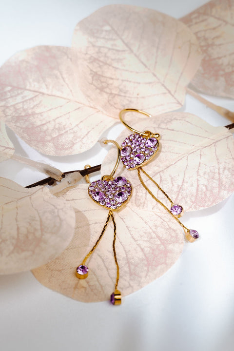 Love Purple Earrings, Party-Animal Ostrich-Inspired Animal Earring, Long Gold Hoop Heart Dangle Earrings, Crystal Glitter Girly Gift For Her - Froppin