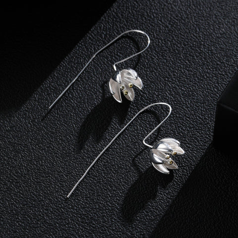 Magnolia Flower Earrings, Gold Floral Long Petal Earrings, Botanical Blooming Flower Jewelry, Minimalist Dainty Earrings Bridal Earrings - Froppin