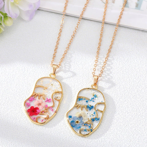 Minimalist Face Necklace Dry Flower Necklace Silhouette Necklace, Face Necklace Flower Jewelry Pendant Pressed Resin Necklace Floral Jewelry - Froppin