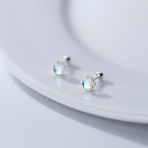 Minimalist Gemstone 925 Sterling Silver Earrings, Moonstone Elegant Small Stud Earrings, 5mm Moonstone Cabochon Earrings, Silver Studs - Froppin