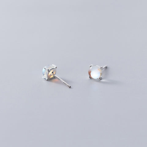 Minimalist Gemstone Earrings, S925 Sterling Silver Earrings, Rainbow Studs, Moonstone Small Stud Earrings, Tiny Moonstone Cabochon Earrings - Froppin