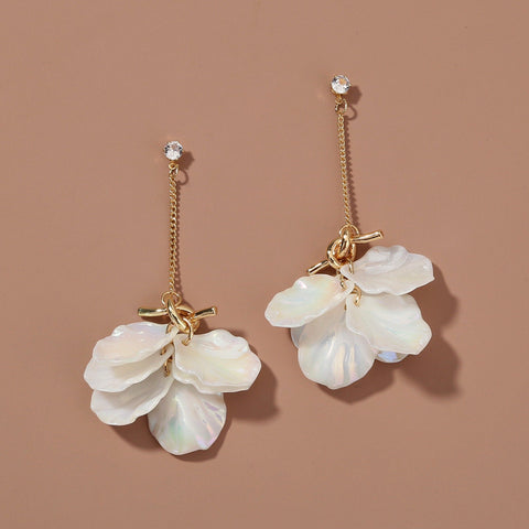 Minimalist Sakura Bridal Flower Earrings, Bridesmaid Earrings, Long Stone Earrings Nature Dainty Earrings, Floral Earrings 18K Gold Earrings - Froppin