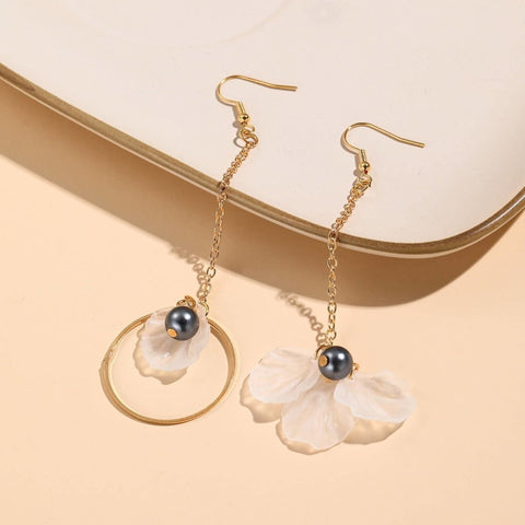 Mismatch Lilies Cherry Blossom Flower Earrings, Ball Crystal Earrings, Sakura Floral Petal Earrings, Minimalist Cz Gold Hoops Pearl Earrings - Froppin