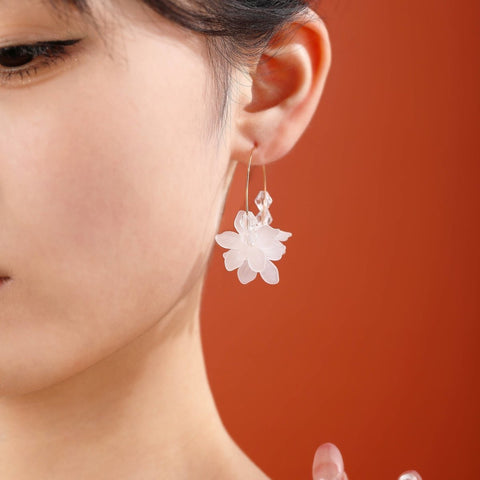 Mismatch Lilies Cherry Blossom Flower Earrings, Ball Crystal Earrings, Sakura Floral Petal Earrings, Minimalist Cz Gold Hoops Pearl Earrings - Froppin
