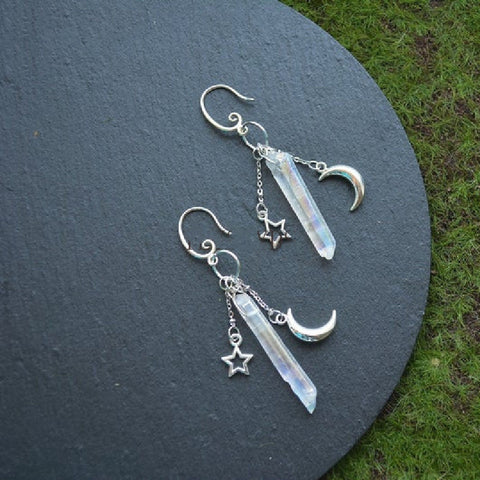 Mismatched Clear Crystal Earrings, Quartz Raw Stone Earrings, Crescent Moon Celestial Earrings, Silver Star Solar System Astronomy Earrings - Froppin