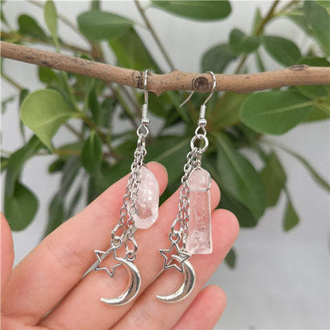 Mismatched Clear Crystal Earrings, Quartz Raw Stone Earrings, Crescent Moon Celestial Earrings, Silver Star Solar System Astronomy Earrings - Froppin