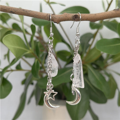 Mismatched Clear Crystal Earrings, Quartz Raw Stone Earrings, Crescent Moon Celestial Earrings, Silver Star Solar System Astronomy Earrings - Froppin