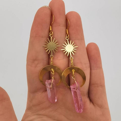 Mismatched Clear Crystal Earrings, Solar System Charm Raw Stone Earrings, Crescent Moon Sun Celestial Stars Earrings, Gold Moon Lit Earrings - Froppin