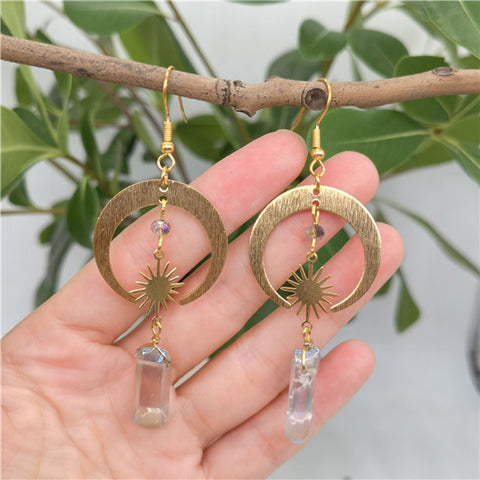 Mismatched Clear Crystal Earrings, Solar System Charm Raw Stone Earrings, Crescent Moon Sun Celestial Stars Earrings, Gold Moon Lit Earrings - Froppin