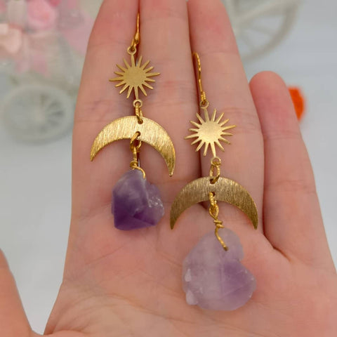 Mismatched Earrings, Amethyst Earrings, Gemstone Jewelry, Astrology Jewelry Solar Star Sun Earrings, Crystal Earrings, Purple Stone Earrings - Froppin