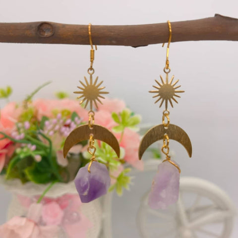 Mismatched Earrings, Amethyst Earrings, Gemstone Jewelry, Astrology Jewelry Solar Star Sun Earrings, Crystal Earrings, Purple Stone Earrings - Froppin