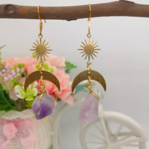Mismatched Earrings, Amethyst Earrings, Gemstone Jewelry, Astrology Jewelry Solar Star Sun Earrings, Crystal Earrings, Purple Stone Earrings - Froppin