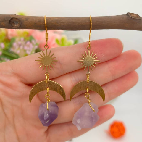 Mismatched Earrings, Amethyst Earrings, Gemstone Jewelry, Astrology Jewelry Solar Star Sun Earrings, Crystal Earrings, Purple Stone Earrings - Froppin