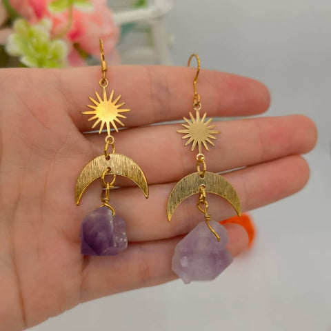 Mismatched Earrings, Amethyst Earrings, Gemstone Jewelry, Astrology Jewelry Solar Star Sun Earrings, Crystal Earrings, Purple Stone Earrings - Froppin