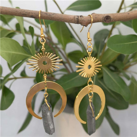 Mismatched Evil Eye Earrings, Clear Crystal Earrings, Eyeball Hoops, Raw Rough Stone Earrings, Solar System Celestial Crescent Moon Earrings - Froppin