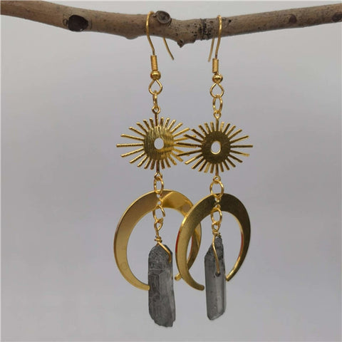 Mismatched Evil Eye Earrings, Clear Crystal Earrings, Eyeball Hoops, Raw Rough Stone Earrings, Solar System Celestial Crescent Moon Earrings - Froppin