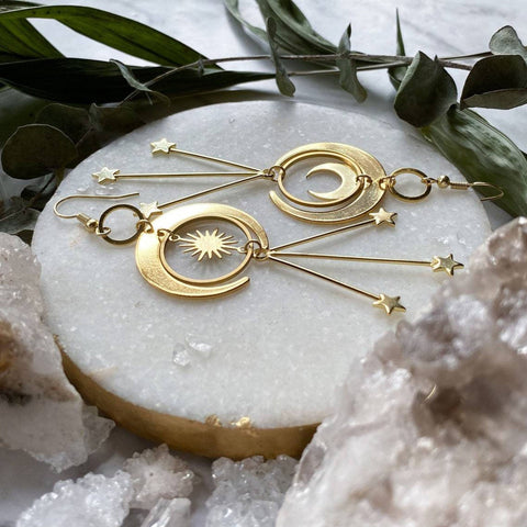 Mismatched Sun Moon Crescent Hoops Earrings, Gold Zodiac Sky Constellations, Lunar Day Night Star Celestial Planet, Solar System Earrings - Froppin