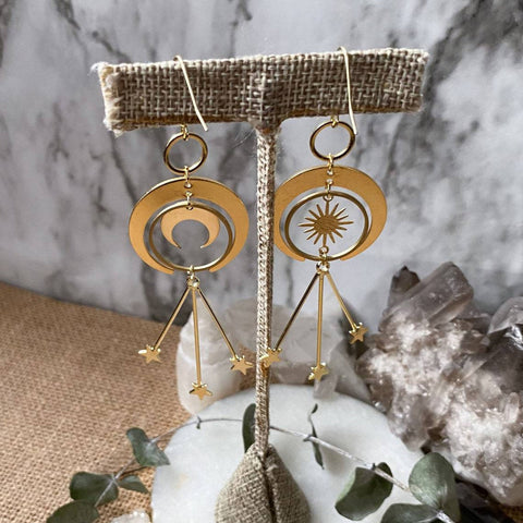 Mismatched Sun Moon Crescent Hoops Earrings, Gold Zodiac Sky Constellations, Lunar Day Night Star Celestial Planet, Solar System Earrings - Froppin