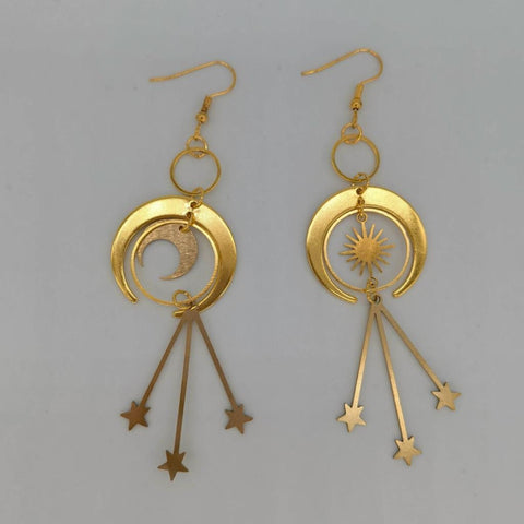 Mismatched Sun Moon Crescent Hoops Earrings, Gold Zodiac Sky Constellations, Lunar Day Night Star Celestial Planet, Solar System Earrings - Froppin