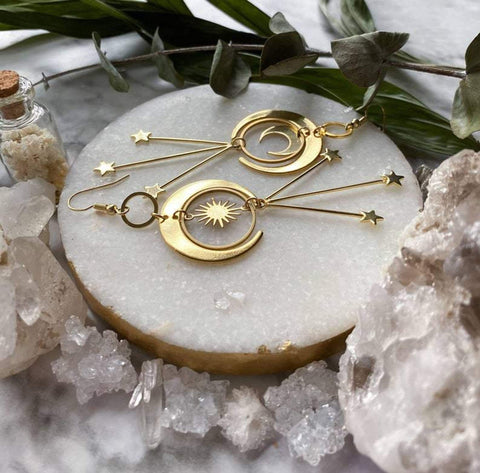 Mismatched Sun Moon Crescent Hoops Earrings, Gold Zodiac Sky Constellations, Lunar Day Night Star Celestial Planet, Solar System Earrings - Froppin