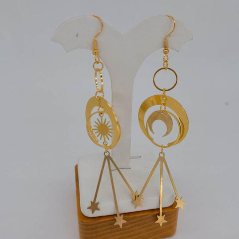 Mismatched Sun Moon Crescent Hoops Earrings, Gold Zodiac Sky Constellations, Lunar Day Night Star Celestial Planet, Solar System Earrings - Froppin