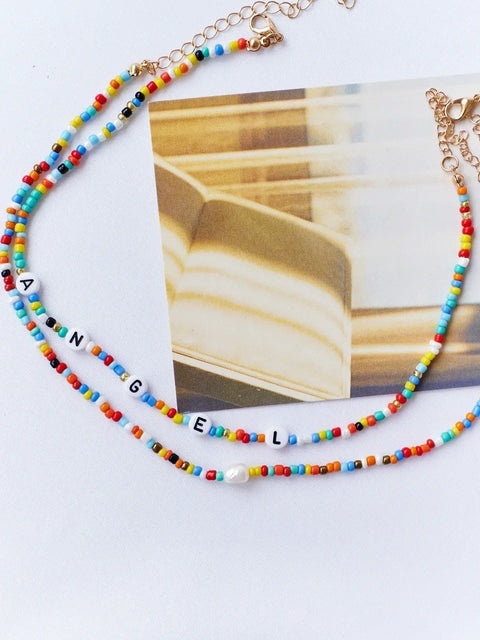 Moon Angel Beaded Colorful 2000s Double Words Necklace - Froppin