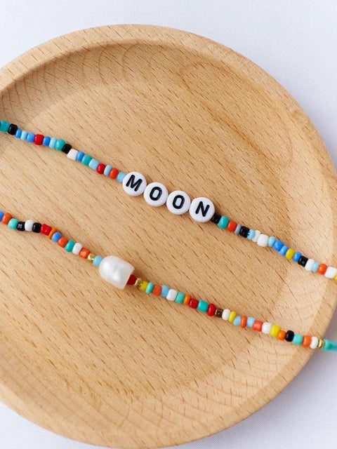 Moon Beaded Word Double Necklace - Froppin