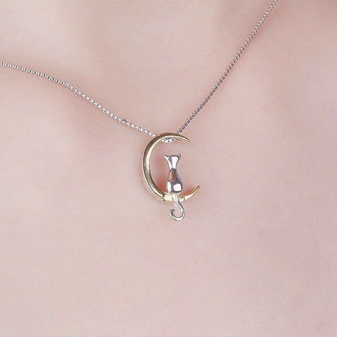 Moon Crescent Cat Sterling Silver Elegant Creative Night Summer Unusual Necklace Pendant - Froppin